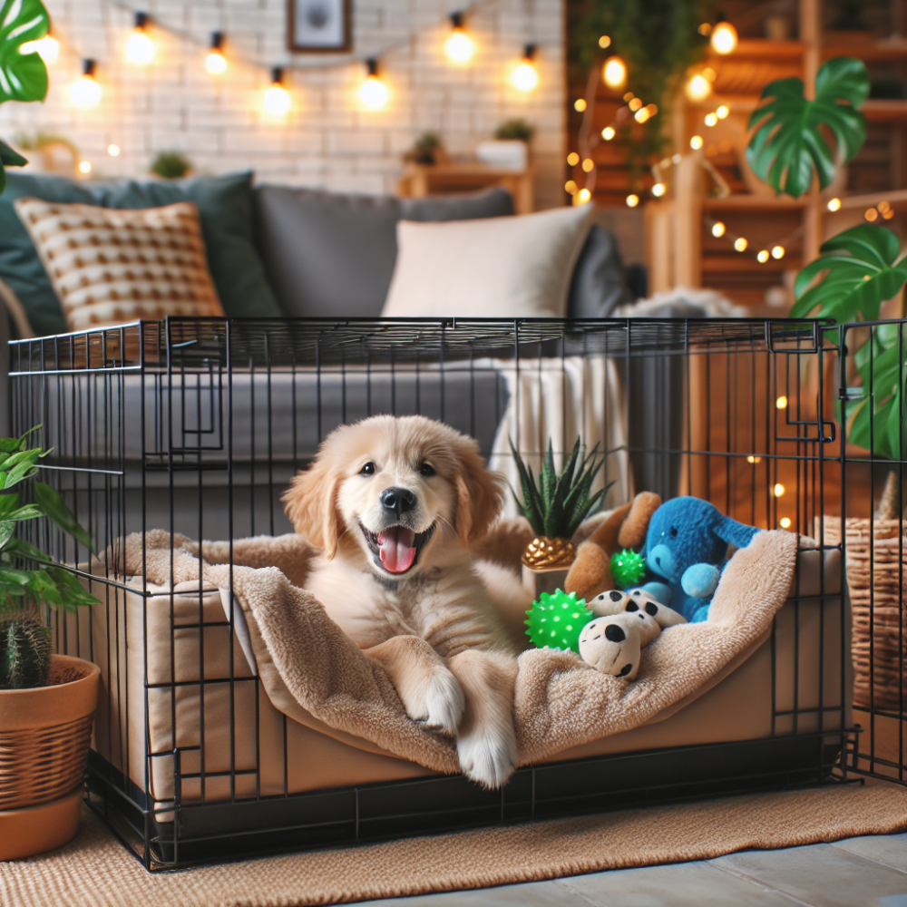 Golden retriever puppy relaxing in a cozy crate