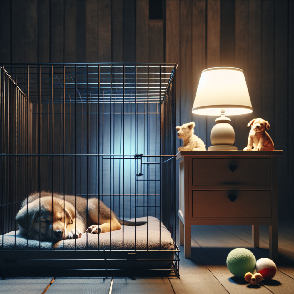 Puppy sleeping peacefully in crate at night