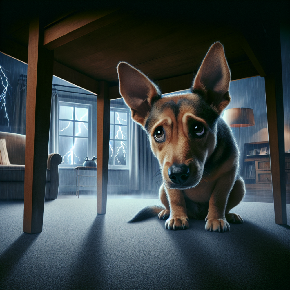 Anxious dog hiding during thunderstorm