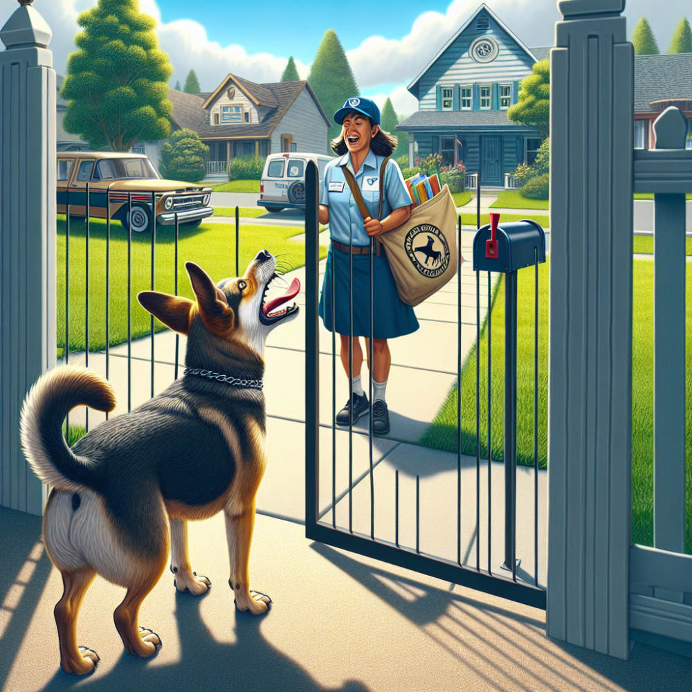 Dog barking at a mail carrier through a yard fence