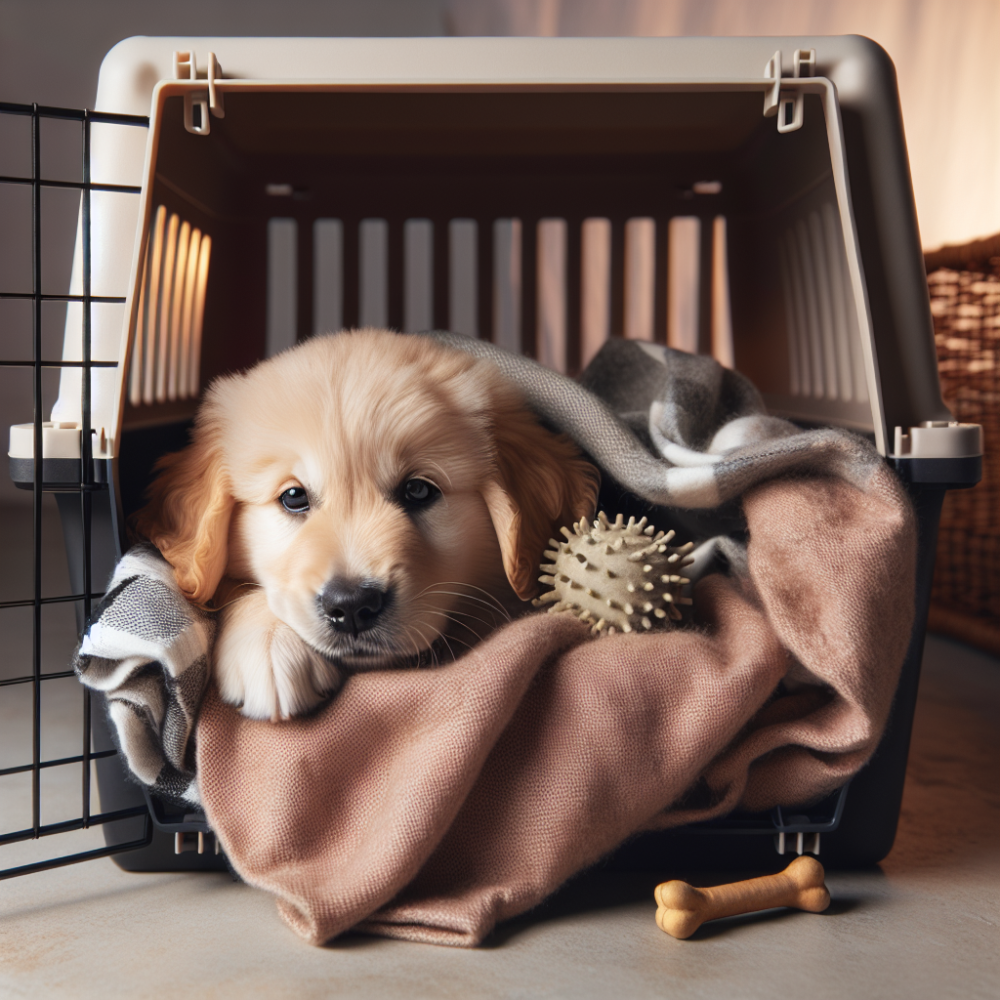 Golden retriever puppy calm in crate with toy