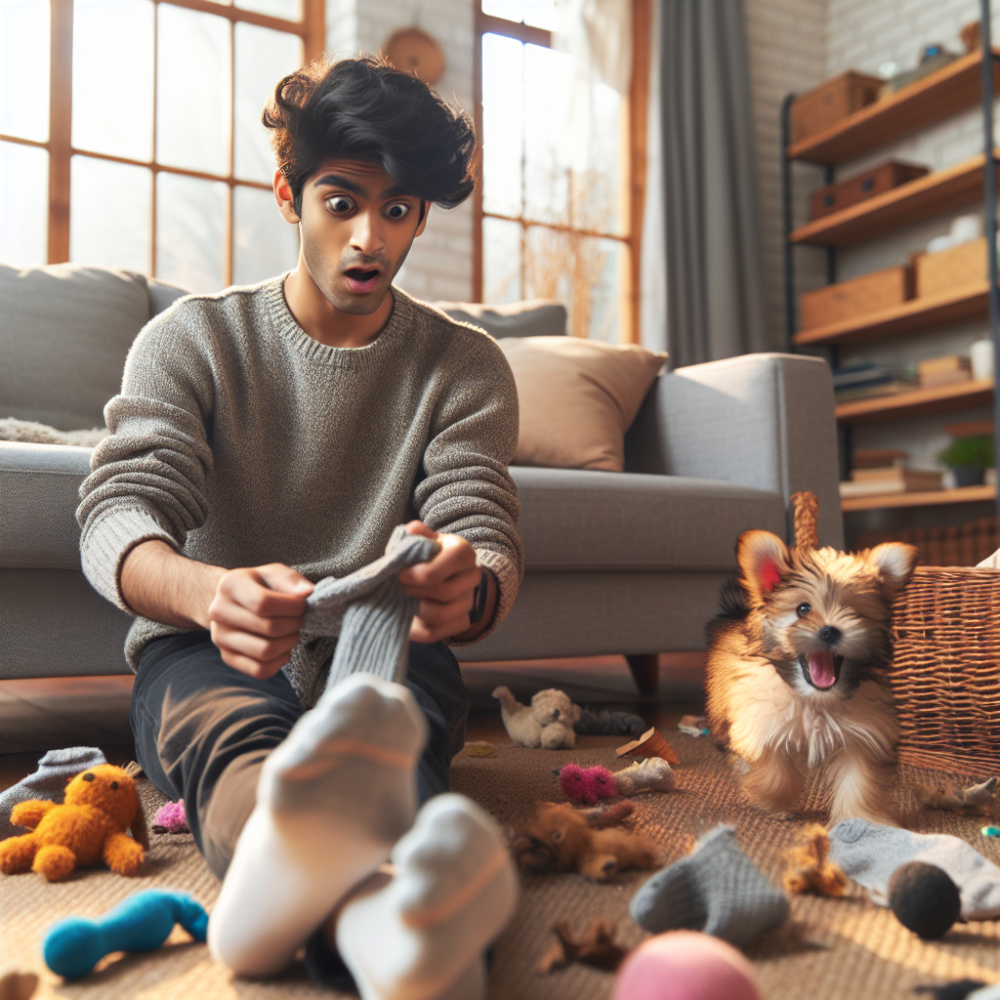 Stressed new puppy owner surrounded by toys and an energetic dog