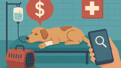 Dog receiving emergency vet care on a clinic table with IV drip