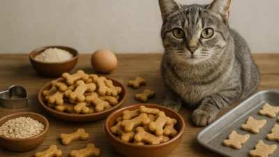 Grey tabby cat with homemade treats on a kitchen counter