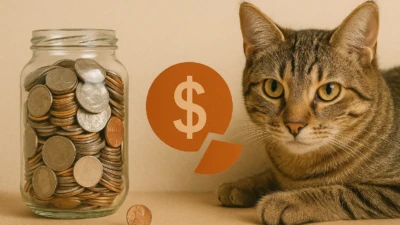 A jar of coins next to a cat, symbolizing affordable pet care.