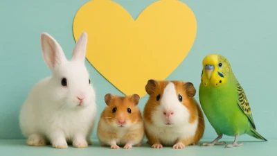 A rabbit, hamster, guinea pig, and parakeet sitting together against a colorful background.