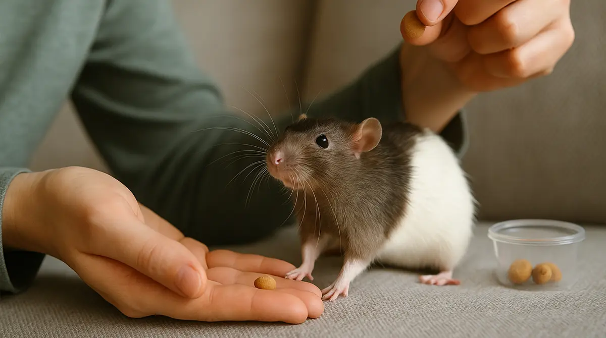 A small pet being trained with treats using positive reinforcement.