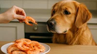 A golden retriever looking curiously at a plate of shrimp in a kitchen setting.
