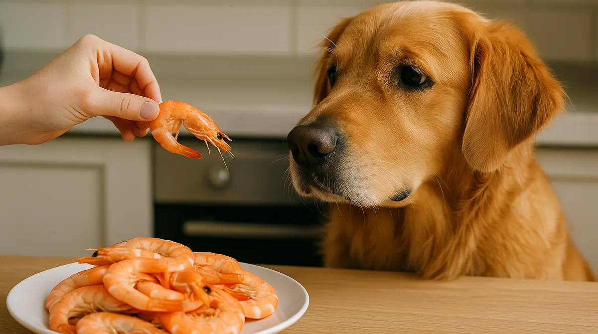 A golden retriever looking curiously at a plate of shrimp in a kitchen setting.