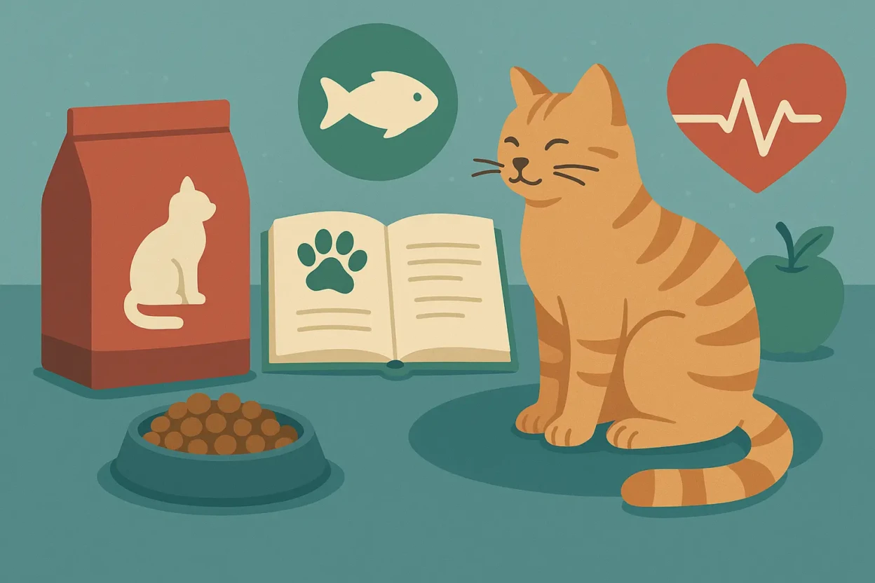 Orange tabby cat sitting happily beside food and nutrition items
