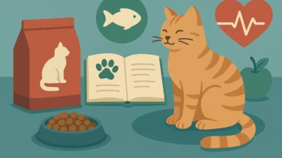 Orange tabby cat sitting happily beside food and nutrition items