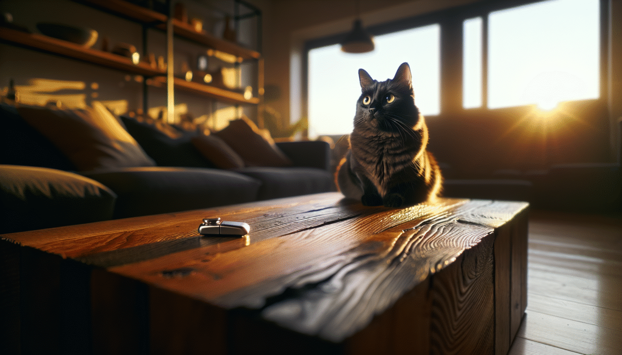 Cat rewarded with clicker treat in sunlit living room