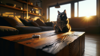 Cat rewarded with clicker treat in sunlit living room