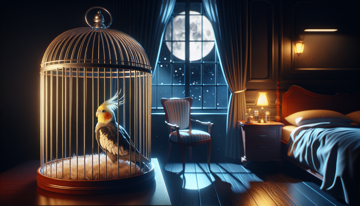 Cockatiel in night-lit bedroom cage, calm soft atmosphere