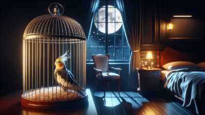 Cockatiel in night-lit bedroom cage, calm soft atmosphere