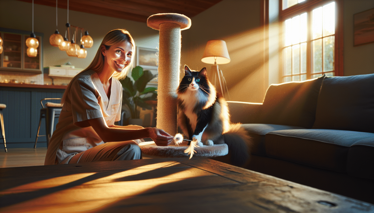 Vet helps cat use scratching post to prevent sofa damage
