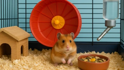 A Syrian hamster inside a cage with bedding, food bowl, wheel, and water bottle.