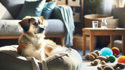 Calm dog relaxing alone on a dog bed in bright living room