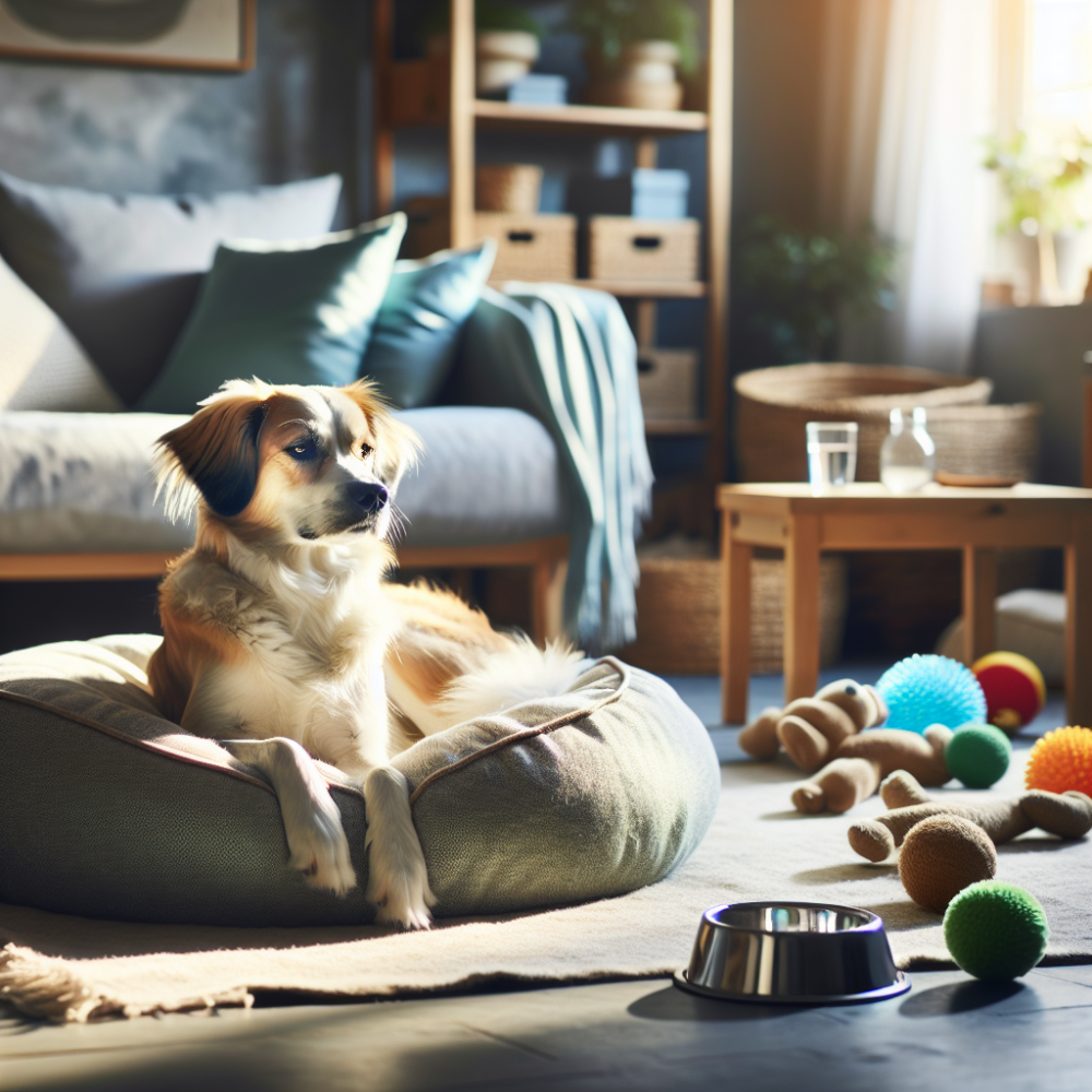 Calm dog relaxing alone on a dog bed in bright living room