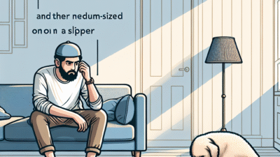 Frustrated dog owner watching dog chew slipper