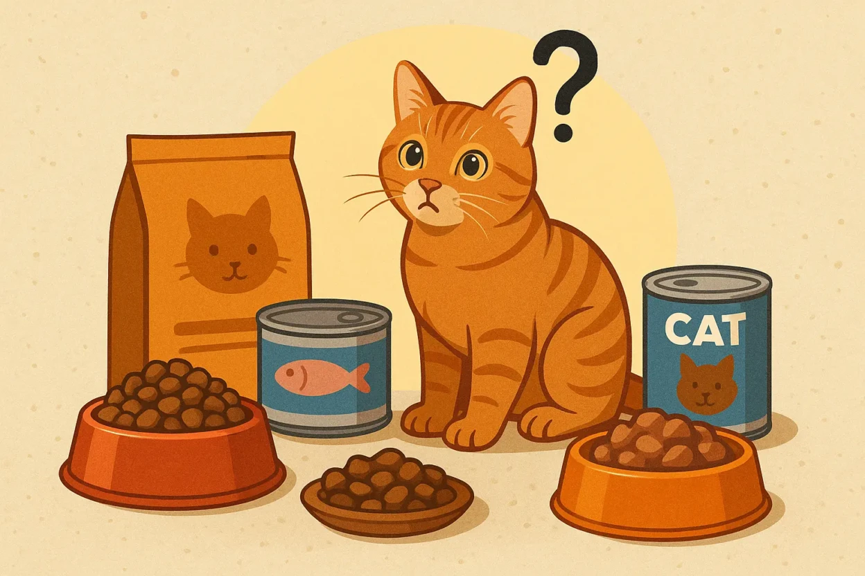 Orange tabby cat sitting near bowls of dry and wet food choices