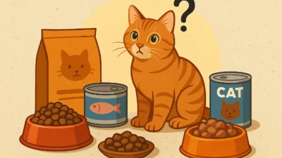 Orange tabby cat sitting near bowls of dry and wet food choices
