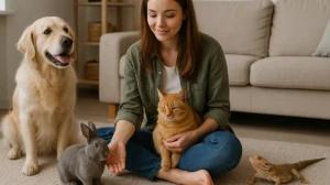 Woman sitting with a dog, cat, rabbit, and bearded dragon at home.