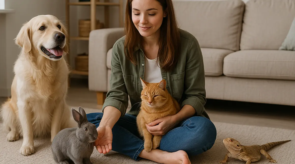 Woman sitting with a dog, cat, rabbit, and bearded dragon at home.