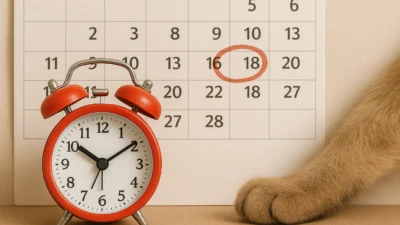 A red alarm clock, a circled calendar date, and a pet paw on a beige surface.