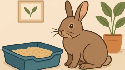 A brown rabbit sitting near a litter box in a cozy indoor setting.