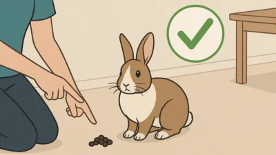 A rabbit being gently guided indoors during litter training without a litter box.