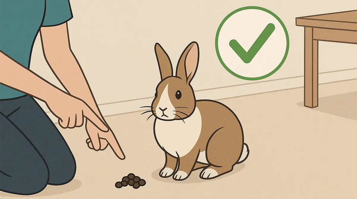 A rabbit being gently guided indoors during litter training without a litter box.