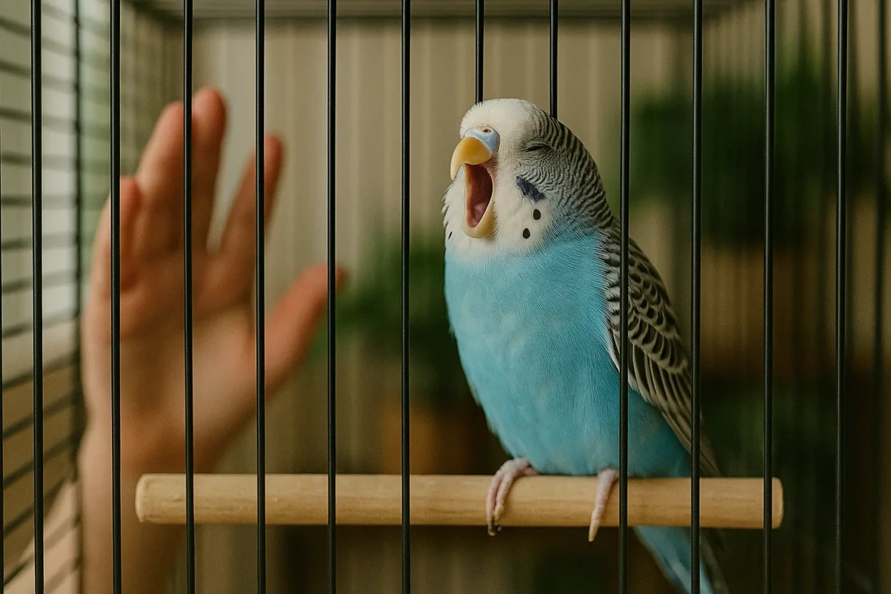 Blue budgie in cage with open beak screaming