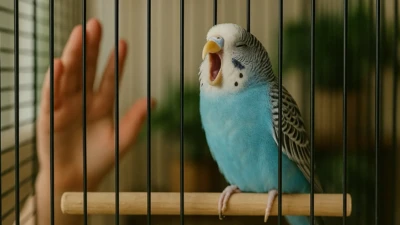 Blue budgie in cage with open beak screaming