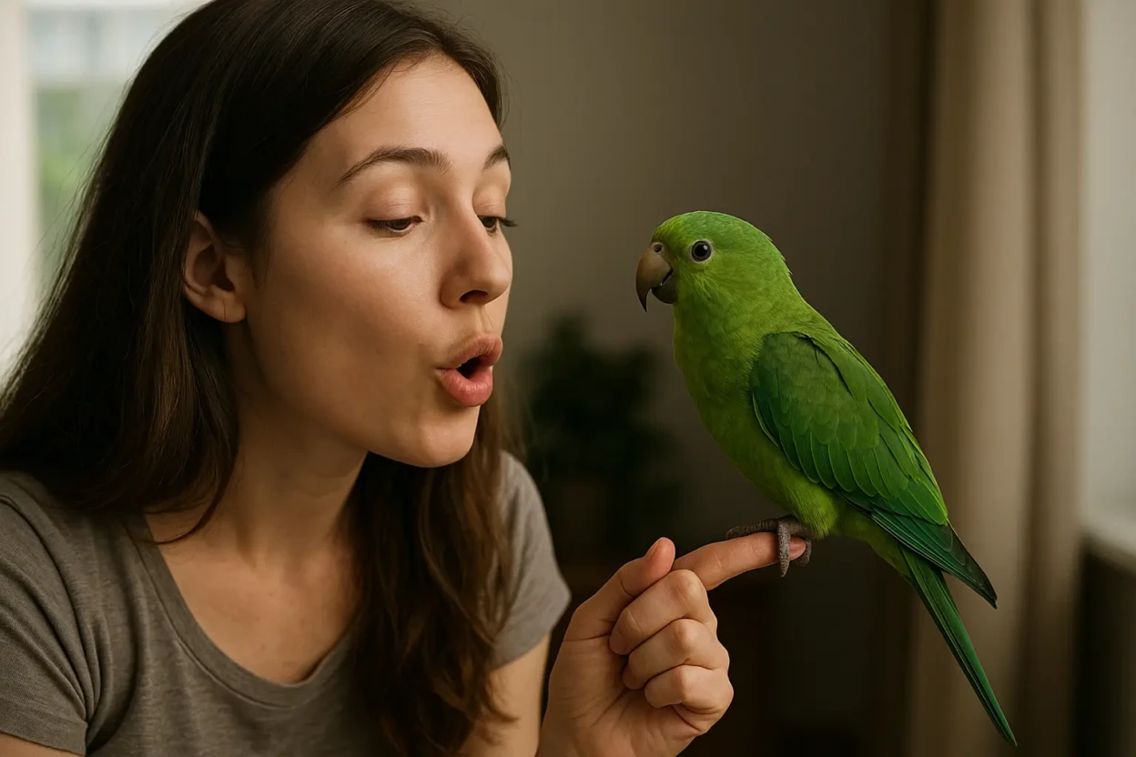 Woman teaching a green parrot indoors with gentle interaction.