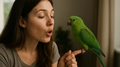 Woman teaching a green parrot indoors with gentle interaction.