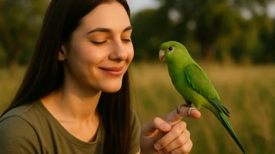 Woman training a small green parrot perched on her finger outdoors.