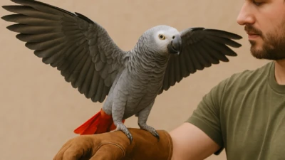 African Grey parrot spreading wings while perched on a trainer’s gloved arm.