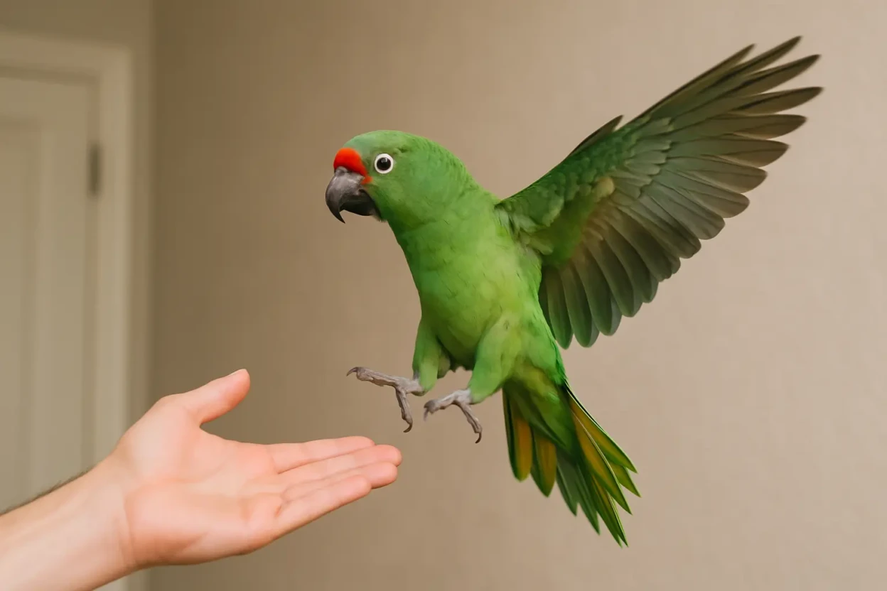 Green parrot flying toward an outstretched human hand indoors.