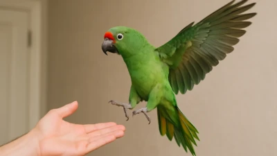 Green parrot flying toward an outstretched human hand indoors.