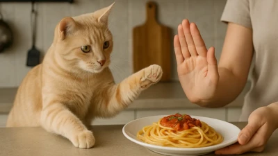 A cat reaching for human food while a person stops it.