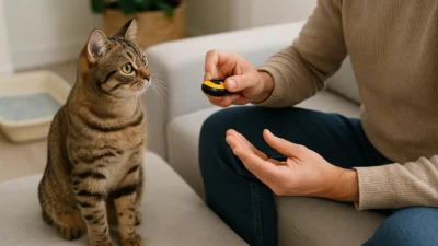 A person using a clicker to train a tabby cat sitting attentively indoors.