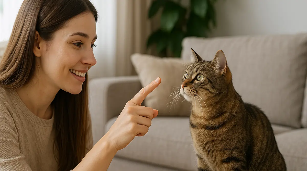 Woman calling her cat while the cat looks attentive.