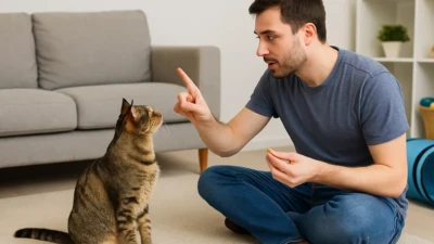 A man training a cat to sit using treats in a cozy living room.