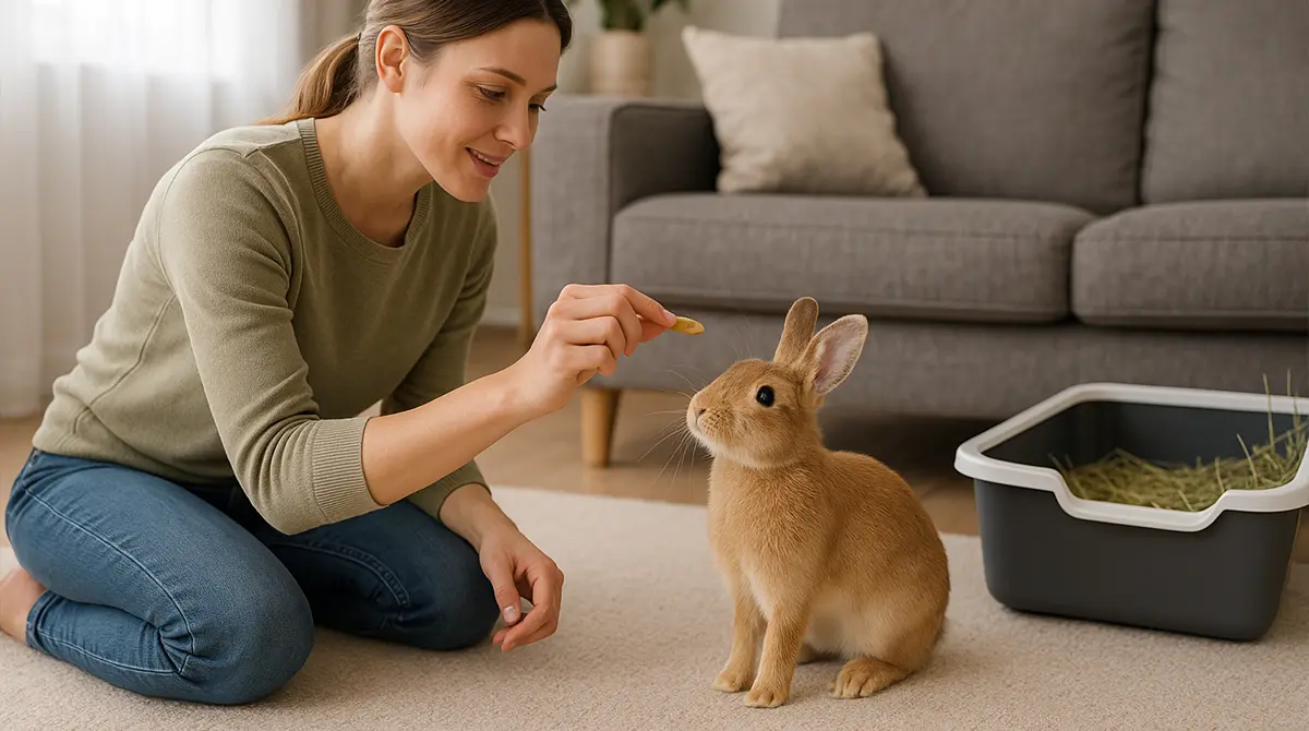 A woman training a rabbit with a treat beside a litter box.