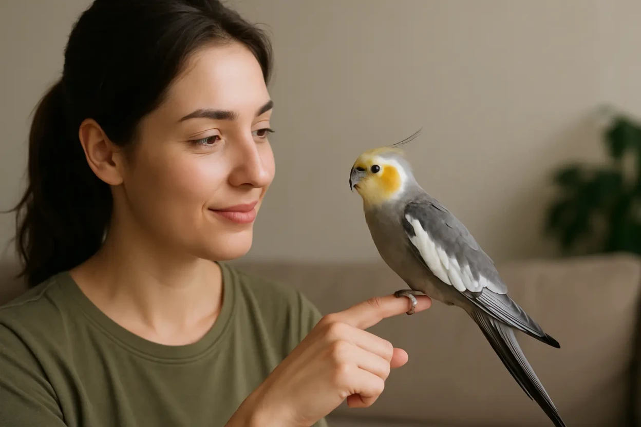Woman training a cockatiel perched on her finger indoors.