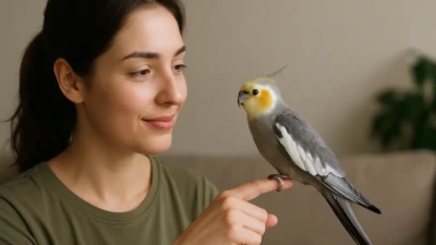 Woman training a cockatiel perched on her finger indoors.