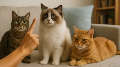 Three cats sitting on a sofa while a person trains them with a hand signal.