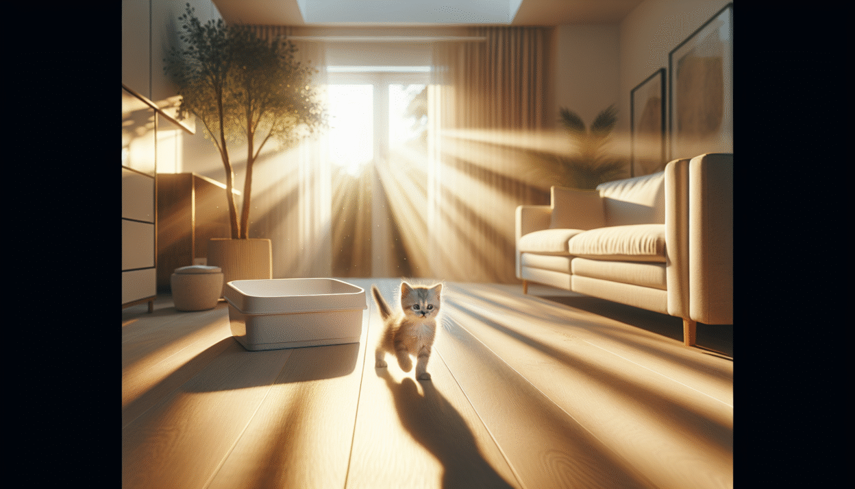 Sunlit kitten exits litter box on hardwood floor
