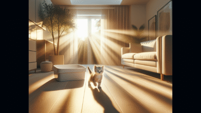 Sunlit kitten exits litter box on hardwood floor